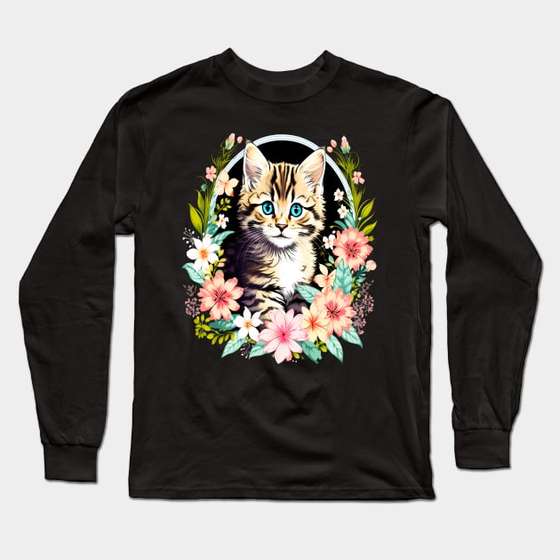 Tiger Striped kitten Surrounded by Beautiful Spring Flowers Long Sleeve T-Shirt by BirdsnStuff